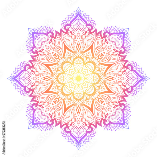 Color circular pattern in form of mandala with flower for decoration or print. Decorative ornament in ethnic oriental style. Rainbow design on white background.