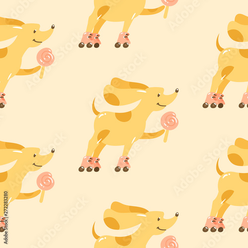 Vector cartoon seamless pattern. Flat yellow dog walking by retro roller skates. Cute vector sketch puppy with lollipop rollerblading outdoor. Design for textile, packaging and wrapping paper.
