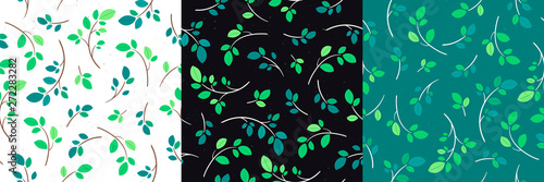 Set of vector seamless flat leaf pattern. Repeating leaf on branch isolated on green. Floral print for textile design, scrapbook, wallpaper or aromatheraphy concept. Cute botany sketch with herbs.