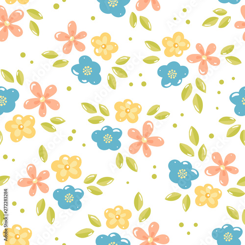 Seamless vector floral flat pattern. Cartoon colorful icon set of cute pink, yellow, blue flowers and leaves. Botanical illustration background print for textile and wrapping design, wallpaper concept