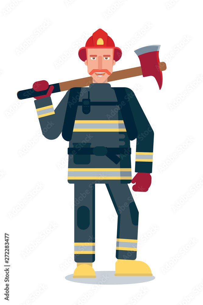 Firefighter holding axe flat vector illustration Firefighter holding axe flat vector illustration