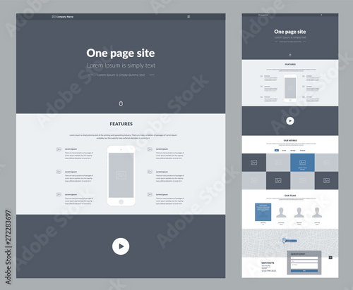 One page website design template for business. Landing page wireframe. Flat modern responsive design. Ux ui website template. Concept mockup layout for development. Best convert page.
