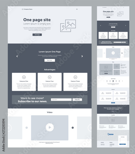 One page website design template for business. Landing page wireframe. Flat modern responsive design. Ux ui website template. Concept mockup layout for development. Best convert page.