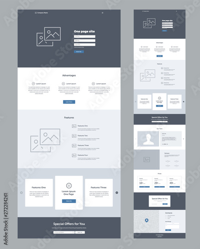 One page website design template for business. Landing page wireframe. Flat modern responsive design. Ux ui website template. Concept mockup layout for development. Best convert page.