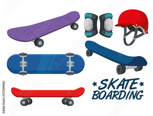 set of skateboard with helmet and knee pad