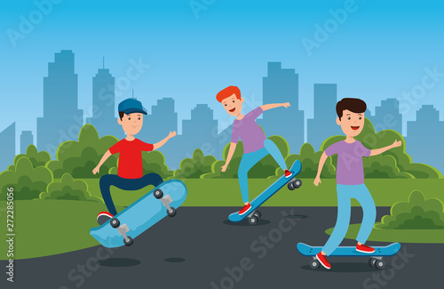 boys practing skateboard sport in the park