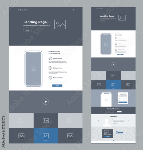 One page website design template for business. Landing page wireframe. Flat modern responsive design. Ux ui website template. Concept mockup layout for development. Best convert page.