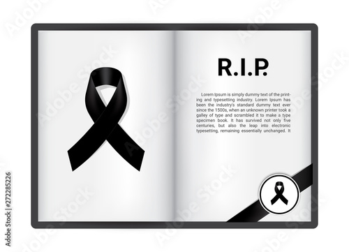 Free Download Mock up Mourning symbol with Black Respect ribbon on white Paper book background Banner. Rest in Peace Funeral card Vector Illustration. - GFXLoad