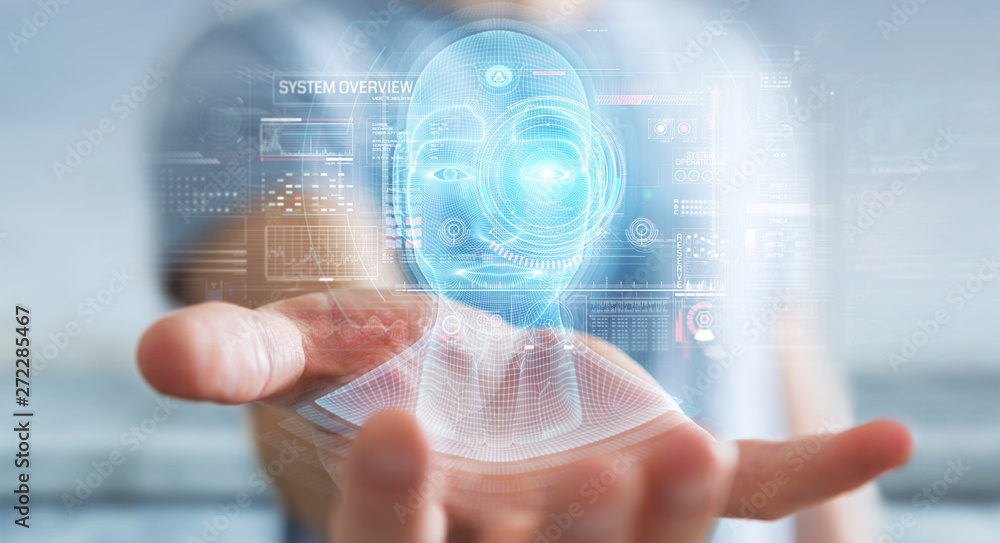 Businessman using digital artificial intelligence head interface 3D rendering Businessman using digital artificial intelligence head interface 3D rendering