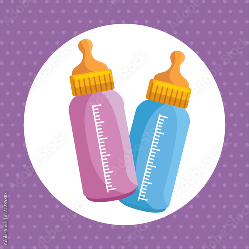 label of little boy and girl feeding bottle