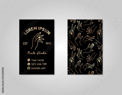 Double-sided black gold business card with a female hand in a trendy linear style. Vector logo for a beauty salon or a manicurist. template for packaging hand cream or nail Polish, soap, beauty store