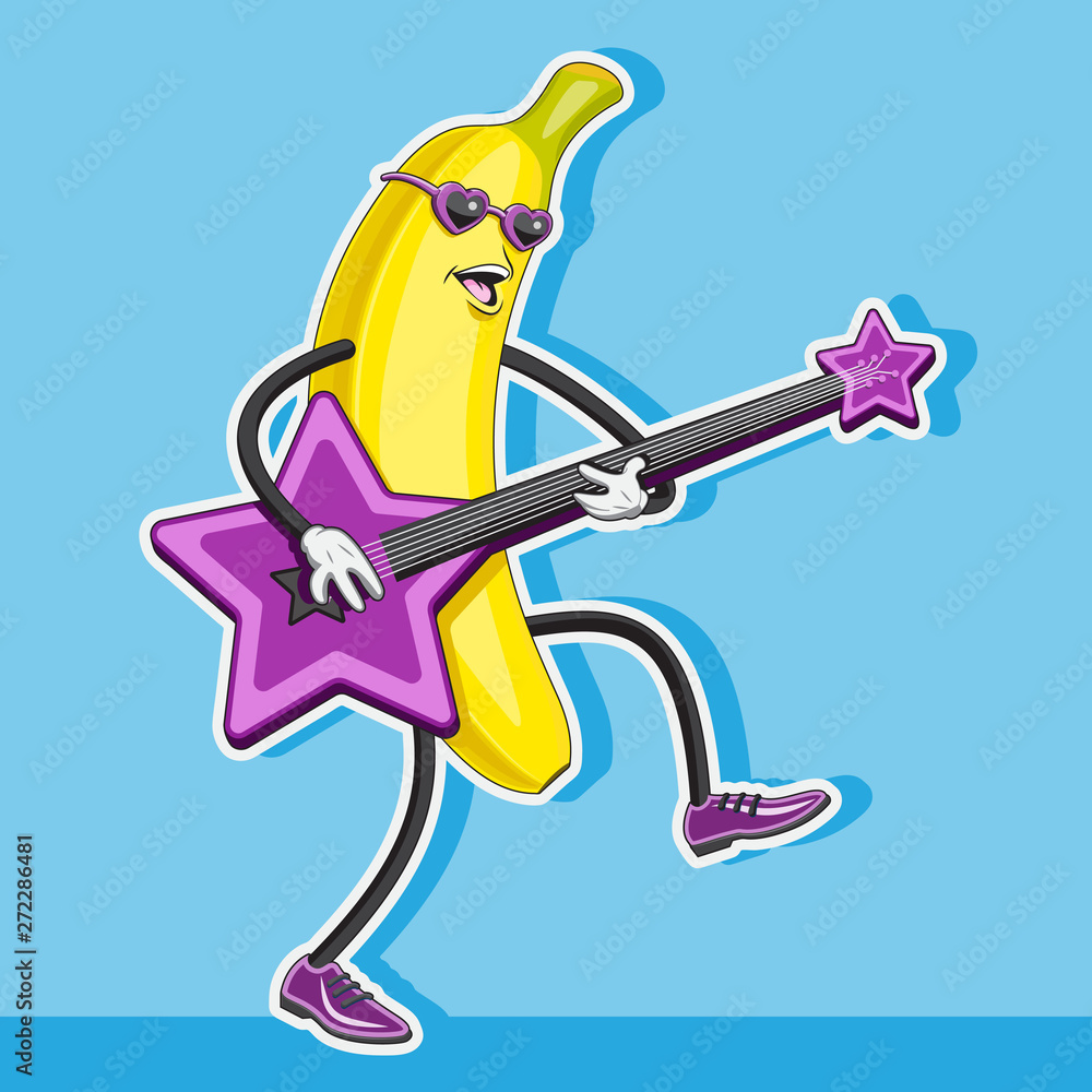 banana character plays the guitar in the shape of a star. vector image. banana character plays the guitar in the shape of a star. vector image.