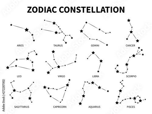 Zodiac constellation. Aries taurus gemini cancer leo virgo libra scorpio pisces zodiacal, mystic astrology vector isolated black signs