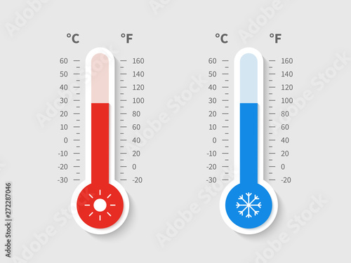 Cold warm thermometer. Temperature weather thermometers celsius fahrenheit meteorology scale, temp control device flat vector icon