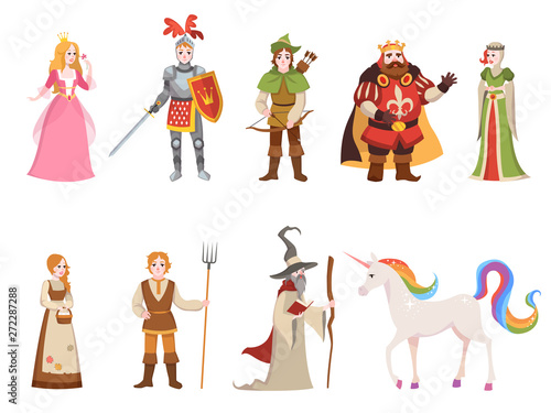 Medieval historical characters. Knight king queen prince princess fairy royal castle dragon horse witch set cartoon, vector collection