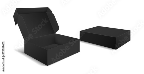 Black box packaging. Side view open and closed gift blank boxes. Empty cardboard black product package 3d vector isolated template