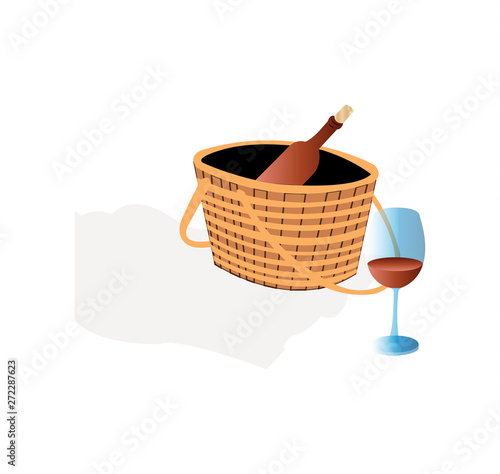 Picnic basket with wine on white background