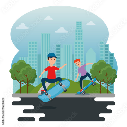 boys playing skateboard sport in the park