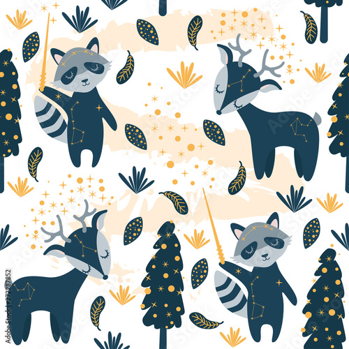 seamless pattern with magical raccoon and deer - vector illustration, eps