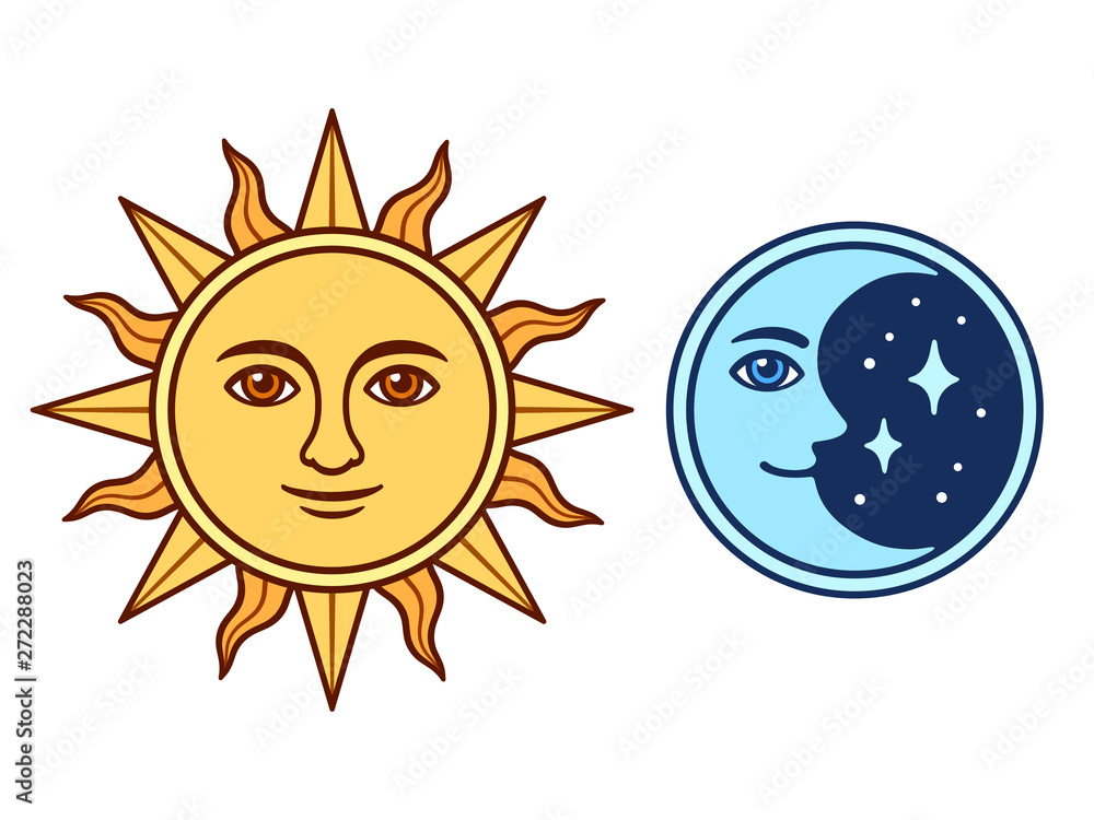 Sun and moon with face - obrazy, fototapety, plakaty 