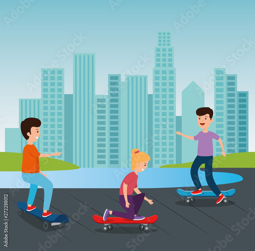 girl and boy playing skateboard sport