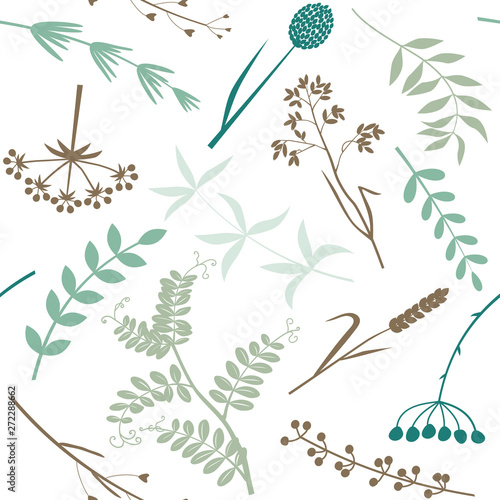 Seamless pattern from multi-colored leaves  twigs. Garden and field grass.