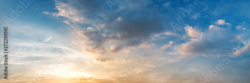 Dramatic panorama sky with cloud on sunrise and sunset time. Panoramic image. © tanarch