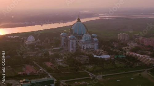 Mayapur, India TOVP temple during nabadwip mandala parikrama festival aerial, 4k drone footage  photo