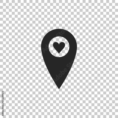 Map pointer with heart icon isolated on transparent background. Valentines day. Love location. Romantic map pin. Flat design. Vector Illustration