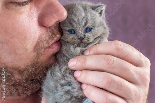 the bearded man embraces a little kitten
