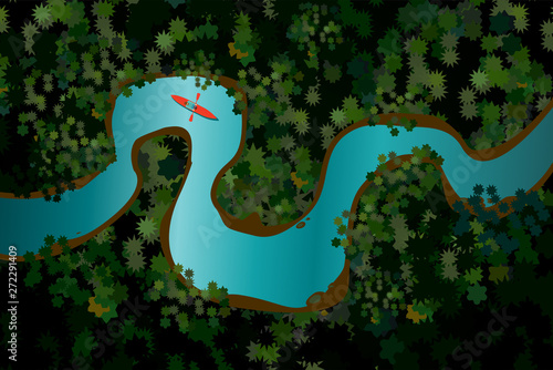Bird view of a forest river with red boat. Man on canoe. Cartoon vector illustration. Holidays travel background.