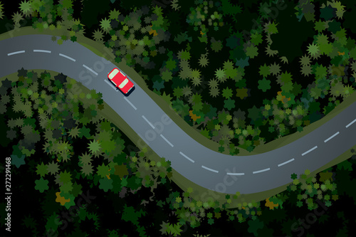 Top view of a forest road with car. Rural highway, beautiful landscape. Holidays travel vector cartoon illustration.