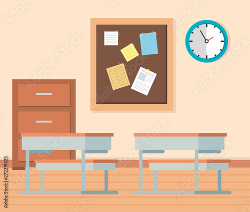 academic classroom with desks and note board