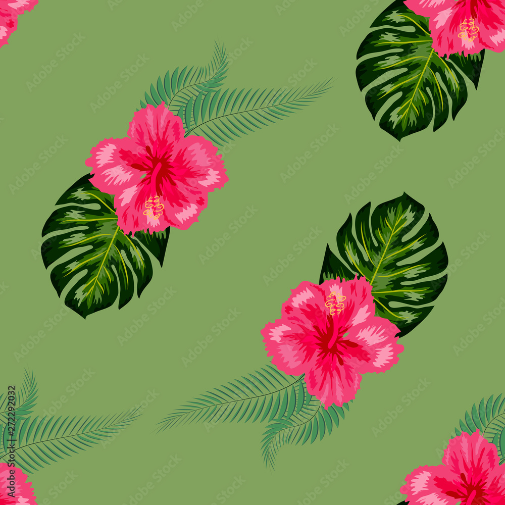Fototapeta premium Tropical hibiscus flowers and palm leaves bouquets seamless pattern