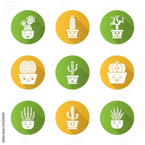 Cactuses flat design long shadow glyph icons set