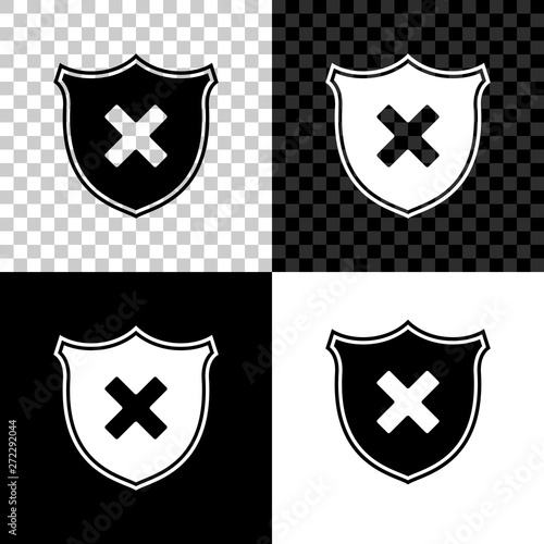Shield and cross x mark icon isolated on black, white and transparent background. Denied disapproved sign. Protection, safety, security concept. Vector Illustration