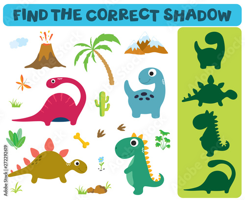Find the correct shadow. Adorable dinosaurs isolated on white background