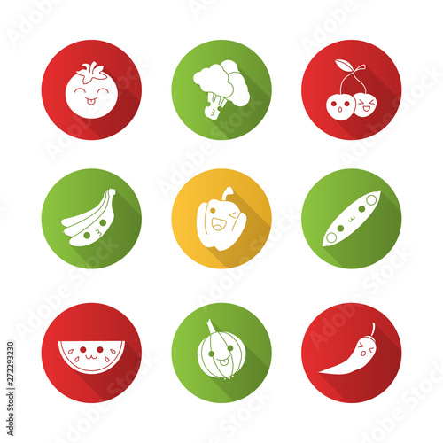 Vegetables and fruits cute kawaii flat design long shadow glyph characters set