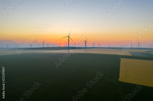 Aerial view of Eolian generators in a beautiful wheat field. Eolian turbine farm. Wind turbine silhouette. Wind field turbines. Wind propeller. Electric power production. Green energy. Morning light © Epic Vision