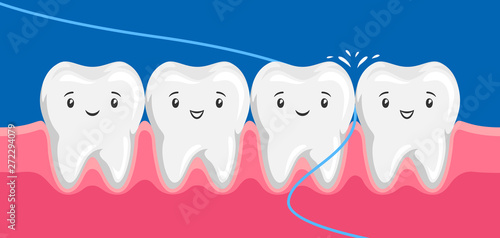 Illustration of smiling are flossing in oral cavity.