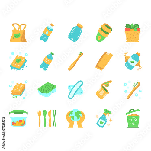 Zero waste swaps handmade flat design long shadow color icons set