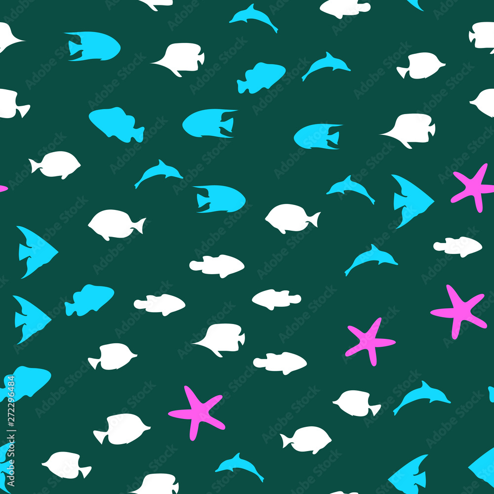Underwater world in deep ocean. Silhouette of different fishes. Seamless vector EPS 10 Underwater world in deep ocean. Silhouette of different fishes. Seamless vector EPS 10