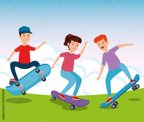happy girl and boy practing skateboard