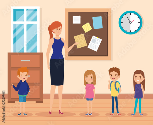 woman teacher with kids in the classroom and note board