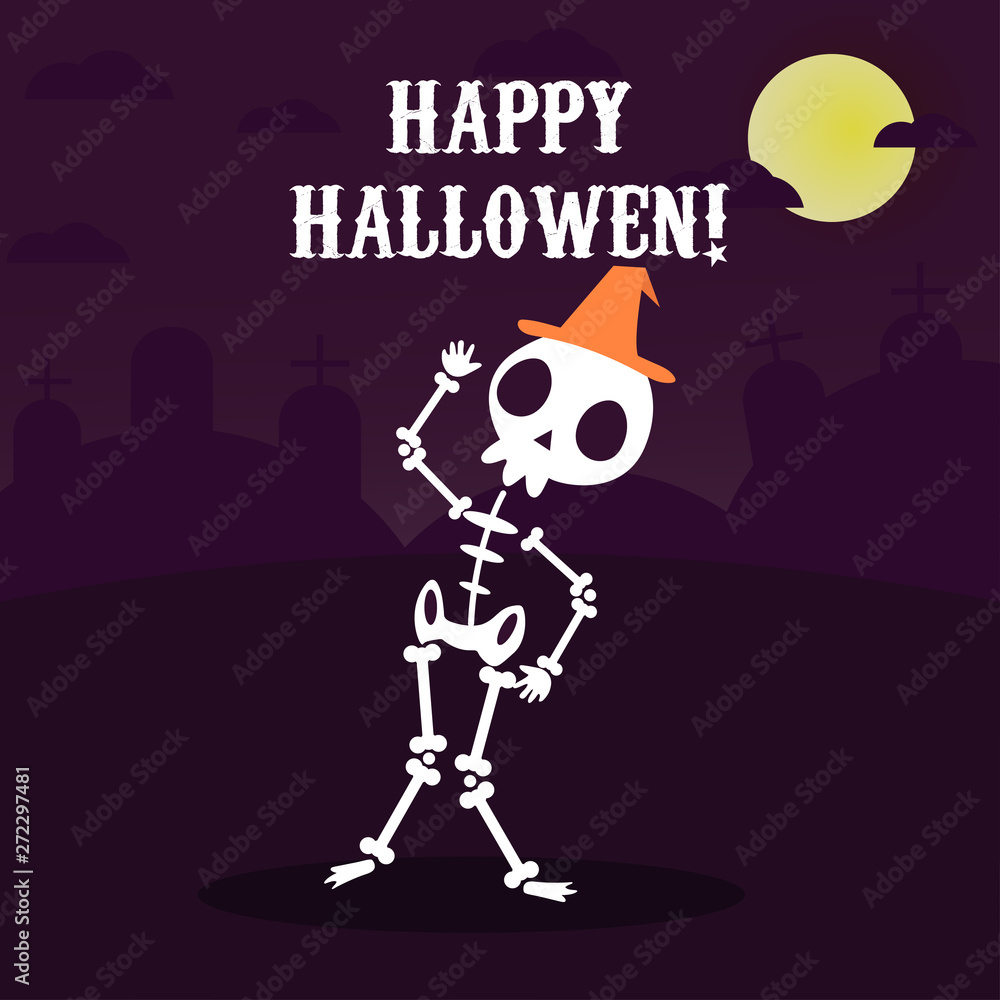 Obraz premium Vintage Halloween poster design with vector vampire character with orange magic hat and halloween bacground
