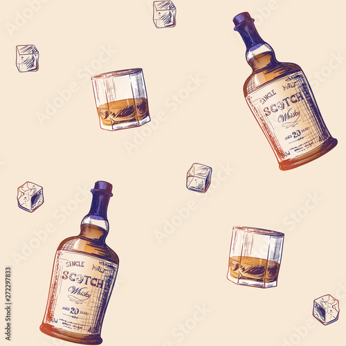 Whiskey making process from grain to bottle. Scotch whiskey bottle, glass with some ice cubes. Seamless pattern. EPS10 vector illustration.