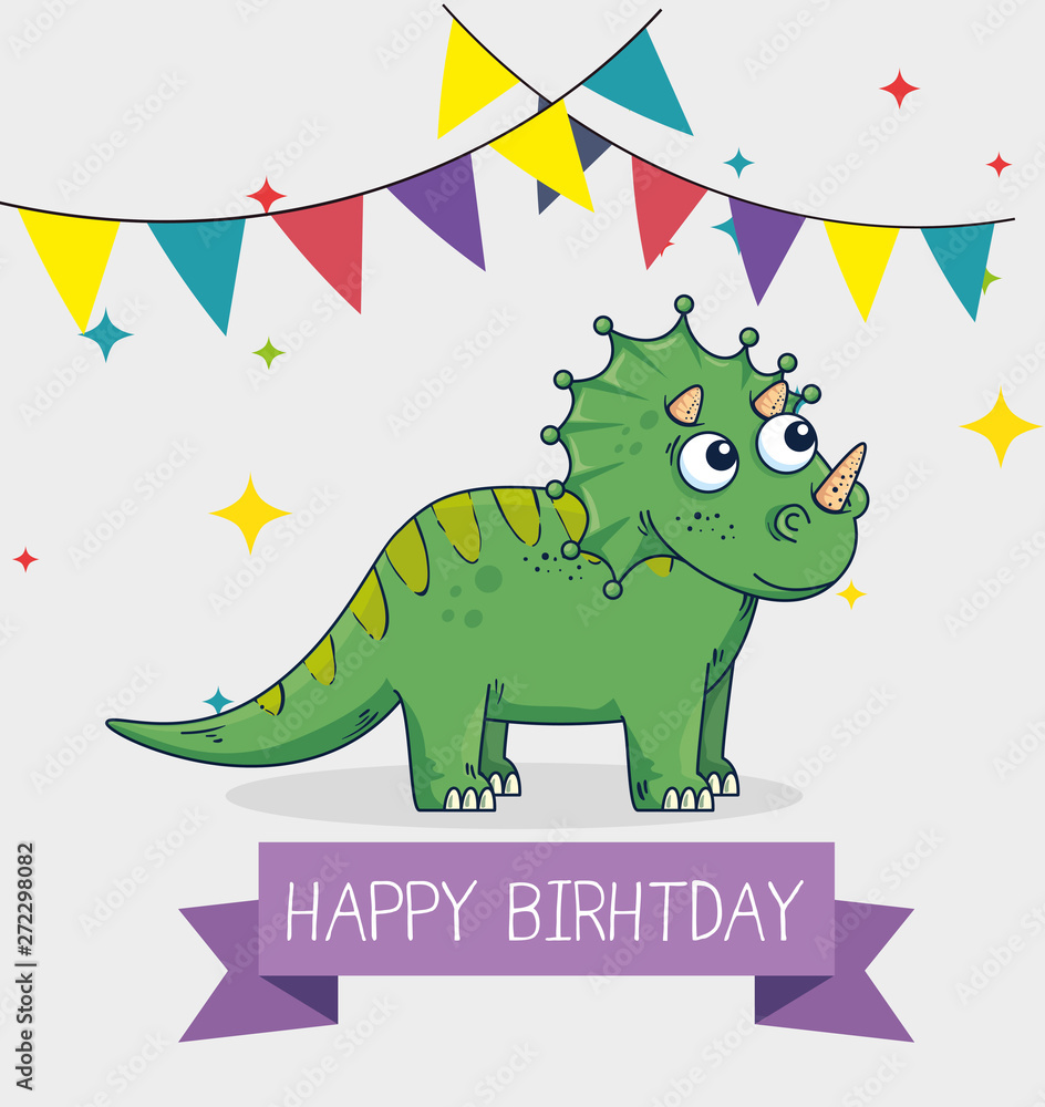 Fototapeta premium triceratops with party banner and ribbon decoration