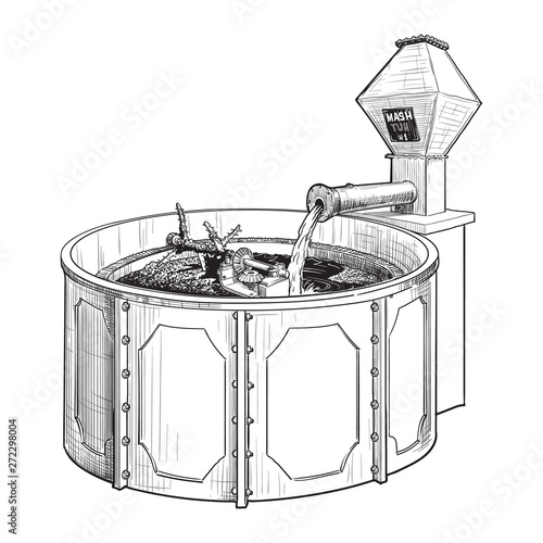 Whiskey making process from grain to bottle. A mash tun. Black and white ink style drawing isolated on white background. EPS10 vector illustration.