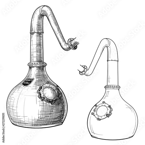 Whiskey making process from grain to bottle. A Swan necked copper Stills. Black and white ink style drawing isolated on white background. EPS10 vector illustration. photo