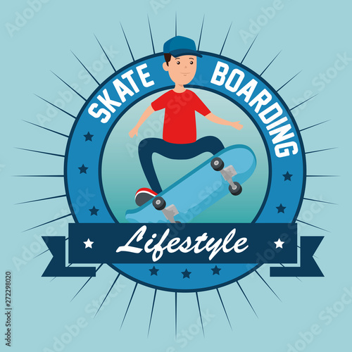label of boy kid with skateboard and ribbon